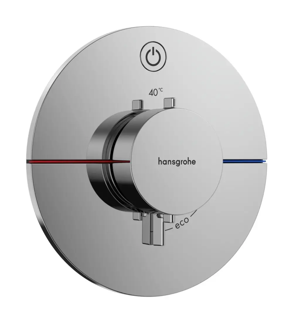 Thermostat von Hansgrohe zur Wandmontage mit einem Drehknopf zur Temperaturregelung und einem Eco-Modus. Farbige Markierungen für Warm- (rot) und Kaltwasser (blau).